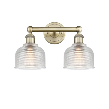 A large image of the Innovations Lighting 616-2W-11-15 Dayton Vanity Antique Brass / Clear