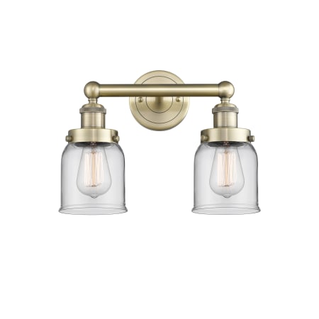 A large image of the Innovations Lighting 616-2W-10-16 Bell Vanity Antique Brass / Clear