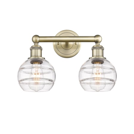 A large image of the Innovations Lighting 616-2W 10 15 Rochester Vanity Antique Brass / Clear