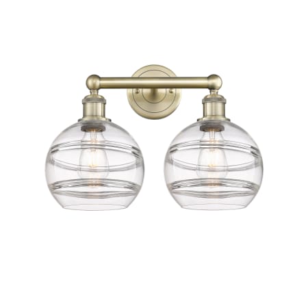 A large image of the Innovations Lighting 616-2W 12 17 Rochester Vanity Antique Brass / Clear