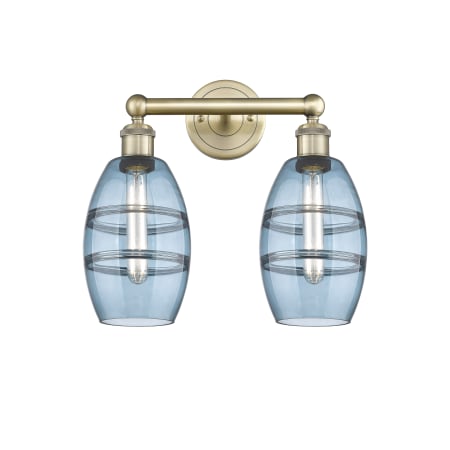 A large image of the Innovations Lighting 616-2W 10 15 Vaz Vanity Antique Brass / Princess Blue