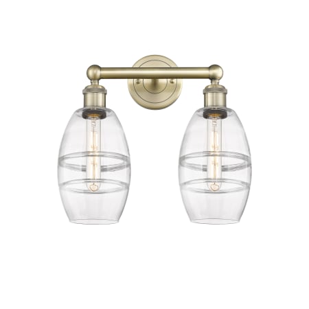 A large image of the Innovations Lighting 616-2W 10 15 Vaz Vanity Antique Brass / Clear