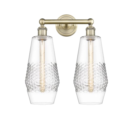 A large image of the Innovations Lighting 616-2W-19-16 Windham Vanity Antique Brass / Clear