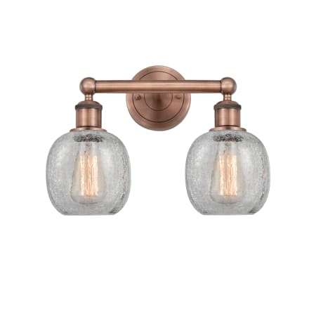 A large image of the Innovations Lighting 616-2W-12-15 Belfast Vanity Antique Copper / Clear Crackle