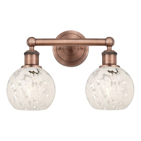 A large image of the Innovations Lighting 616-2W 10 15 White Mouchette Vanity Antique Copper