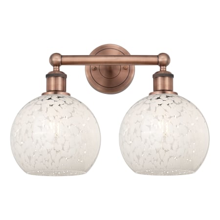 A large image of the Innovations Lighting 616-2W 12 17 White Mouchette Vanity Antique Copper