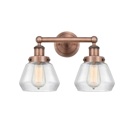 A large image of the Innovations Lighting 616-2W-10-16 Fulton Vanity Antique Copper / Clear