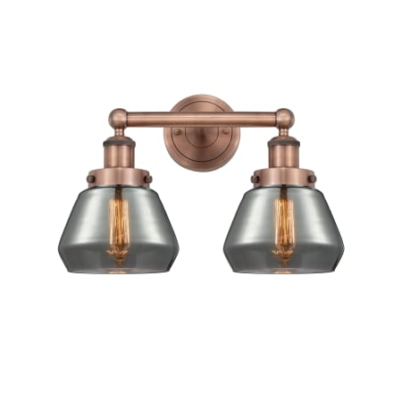 A large image of the Innovations Lighting 616-2W-10-16 Fulton Vanity Antique Copper / Plated Smoke