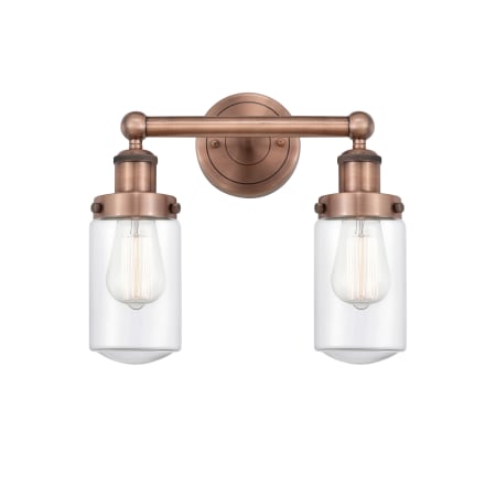 A large image of the Innovations Lighting 616-2W-10-16 Dover Vanity Antique Copper / Clear