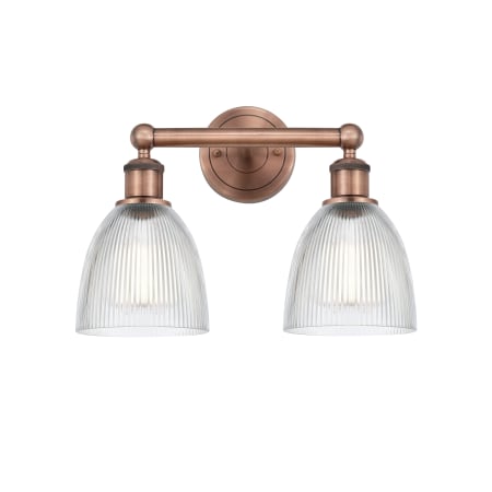 A large image of the Innovations Lighting 616-2W-12-15 Castile Vanity Antique Copper / Clear