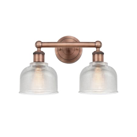 A large image of the Innovations Lighting 616-2W-11-15 Dayton Vanity Antique Copper / Clear