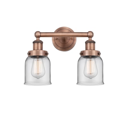 A large image of the Innovations Lighting 616-2W-10-16 Bell Vanity Antique Copper / Clear