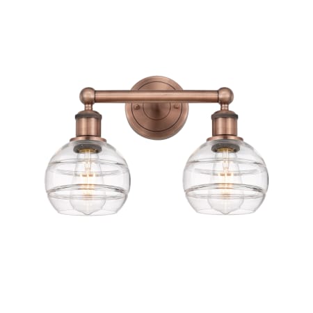 A large image of the Innovations Lighting 616-2W 10 15 Rochester Vanity Antique Copper / Clear