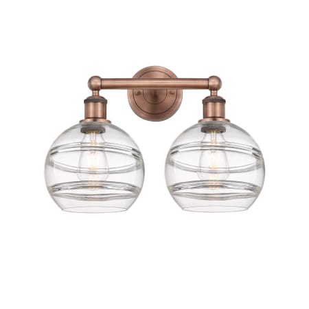 A large image of the Innovations Lighting 616-2W 12 17 Rochester Vanity Antique Copper / Clear