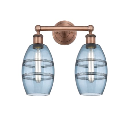 A large image of the Innovations Lighting 616-2W 10 15 Vaz Vanity Antique Copper / Princess Blue