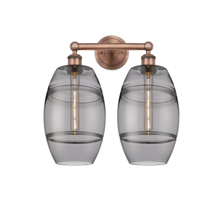 A large image of the Innovations Lighting 616-2W 12 17 Vaz Vanity Antique Copper / Light Smoke