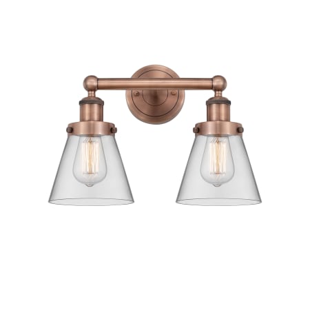 A large image of the Innovations Lighting 616-2W-10-16 Cone Vanity Antique Copper / Clear