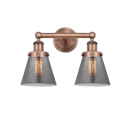 A large image of the Innovations Lighting 616-2W-10-16 Cone Vanity Antique Copper / Plated Smoke