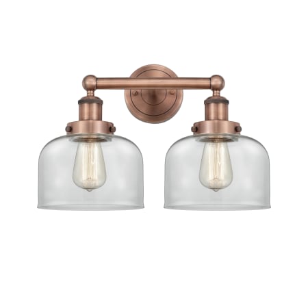 A large image of the Innovations Lighting 616-2W-10-16-L Bell Vanity Antique Copper / Clear