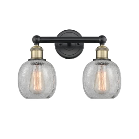 A large image of the Innovations Lighting 616-2W-12-15 Belfast Vanity Black Antique Brass / Clear Crackle