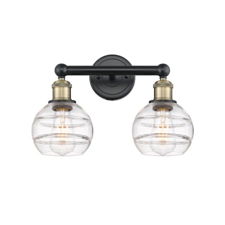 A large image of the Innovations Lighting 616-2W 10 15 Rochester Vanity Black Antique Brass / Clear