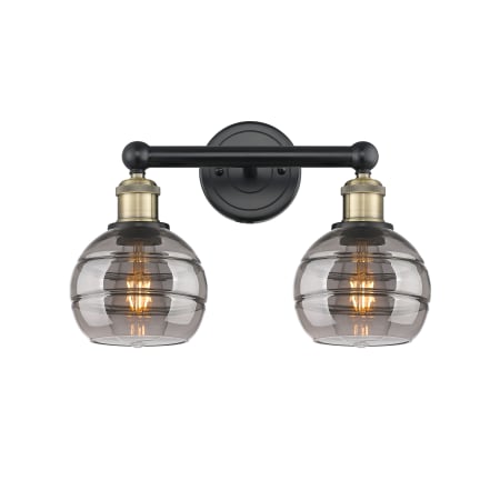 A large image of the Innovations Lighting 616-2W 10 15 Rochester Vanity Black Antique Brass / Light Smoke