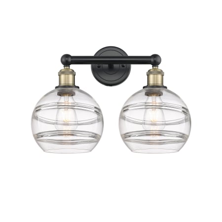 A large image of the Innovations Lighting 616-2W 12 17 Rochester Vanity Black Antique Brass / Clear