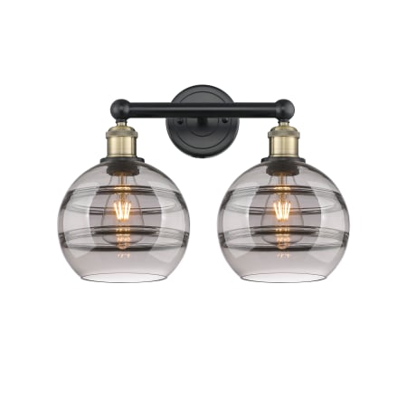 A large image of the Innovations Lighting 616-2W 12 17 Rochester Vanity Black Antique Brass / Light Smoke