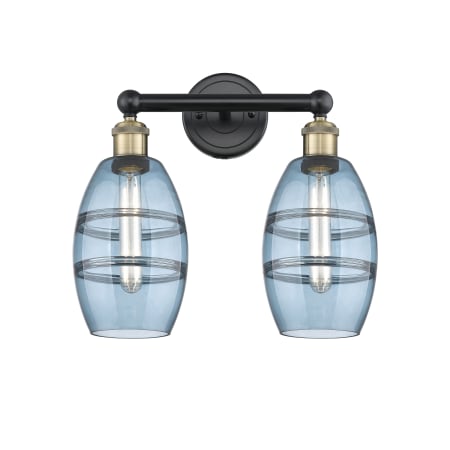 A large image of the Innovations Lighting 616-2W 10 15 Vaz Vanity Black Antique Brass / Princess Blue