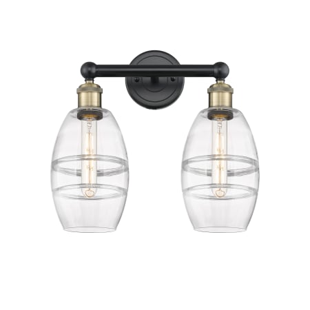 A large image of the Innovations Lighting 616-2W 10 15 Vaz Vanity Black Antique Brass / Clear