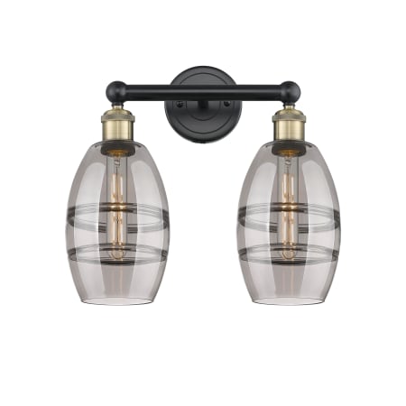 A large image of the Innovations Lighting 616-2W 10 15 Vaz Vanity Black Antique Brass / Light Smoke