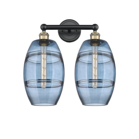 A large image of the Innovations Lighting 616-2W 12 17 Vaz Vanity Black Antique Brass / Princess Blue