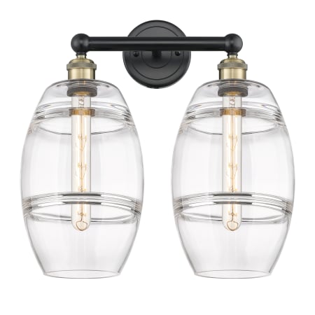 A large image of the Innovations Lighting 616-2W 12 17 Vaz Vanity Black Antique Brass / Clear