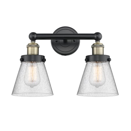 A large image of the Innovations Lighting 616-2W-10-16 Cone Vanity Black Antique Brass / Seedy