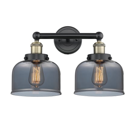 A large image of the Innovations Lighting 616-2W-10-16-L Bell Vanity Black Antique Brass / Plated Smoke