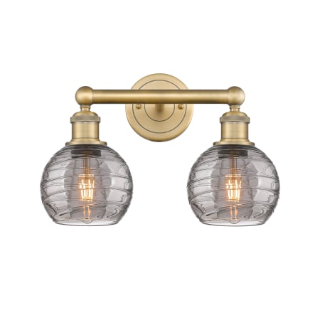 A large image of the Innovations Lighting 616-2W 10 15 Athens Deco Swirl Vanity Brushed Brass / Light Smoke Deco Swirl