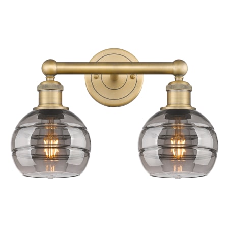 A large image of the Innovations Lighting 616-2W 10 15 Rochester Vanity Brushed Brass / Light Smoke