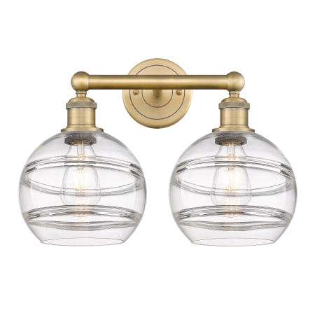 A large image of the Innovations Lighting 616-2W 12 17 Rochester Vanity Brushed Brass / Clear