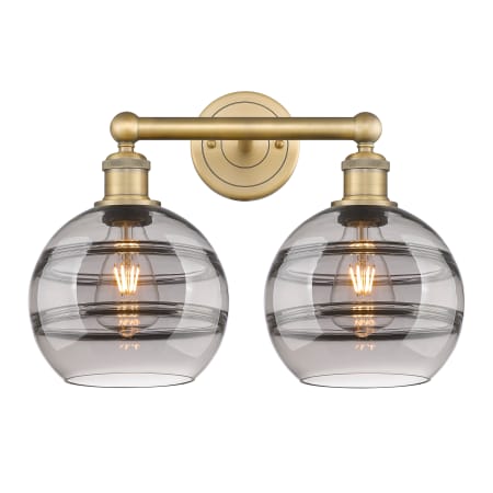 A large image of the Innovations Lighting 616-2W 12 17 Rochester Vanity Brushed Brass / Light Smoke