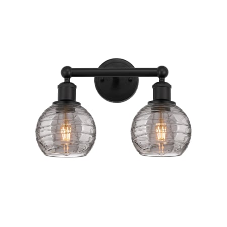 A large image of the Innovations Lighting 616-2W 10 15 Athens Deco Swirl Vanity Matte Black / Light Smoke Deco Swirl