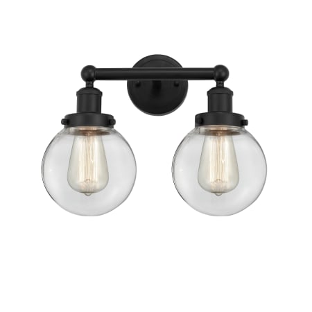 A large image of the Innovations Lighting 616-2W-10-16 Beacon Vanity Matte Black / Clear