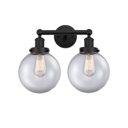 A large image of the Innovations Lighting 616-2W-10-16-L Beacon Vanity Matte Black / Clear