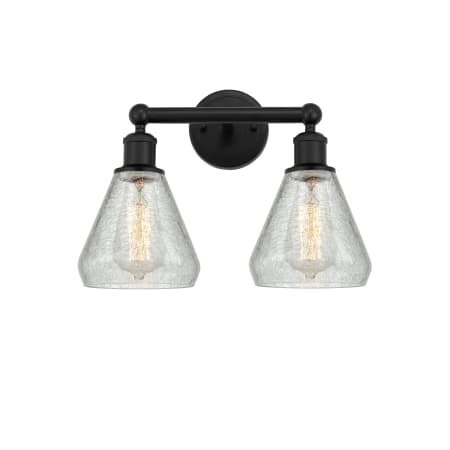 A large image of the Innovations Lighting 616-2W-13-15 Conesus Vanity Matte Black / Clear Crackle