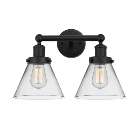 A large image of the Innovations Lighting 616-2W-10-16-L Cone Vanity Matte Black / Clear