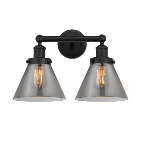 A large image of the Innovations Lighting 616-2W-10-16-L Cone Vanity Matte Black / Plated Smoke