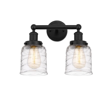 A large image of the Innovations Lighting 616-2W-10-16 Bell Vanity Matte Black / Clear Deco Swirl