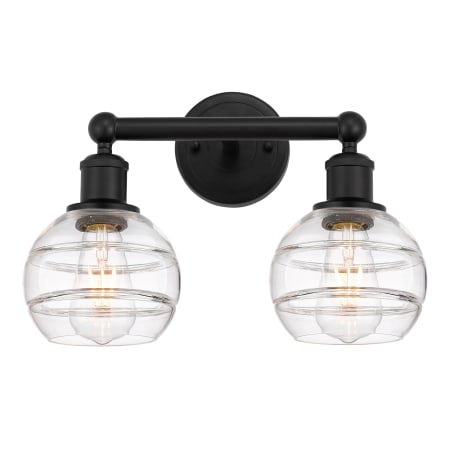 A large image of the Innovations Lighting 616-2W 10 15 Rochester Vanity Matte Black / Clear