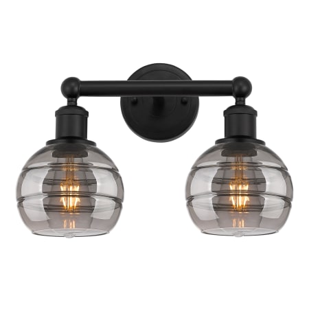 A large image of the Innovations Lighting 616-2W 10 15 Rochester Vanity Matte Black / Light Smoke