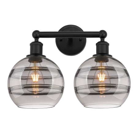 A large image of the Innovations Lighting 616-2W 12 17 Rochester Vanity Matte Black / Light Smoke