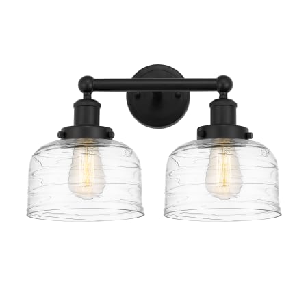 A large image of the Innovations Lighting 616-2W-10-16-L Bell Vanity Matte Black / Clear Deco Swirl